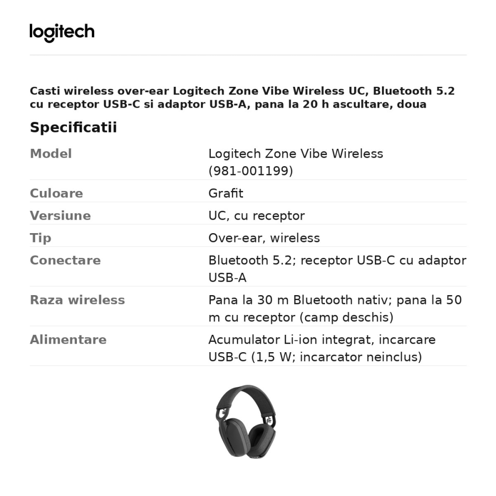 Casti wireless over-ear Logitech Zone Vibe Wireless UC, Bluetooth 5.2 cu receptor USB-C si adaptor USB-A, pana la 20 h ascultare, doua microfoane, grafit, 981-001199 [3]