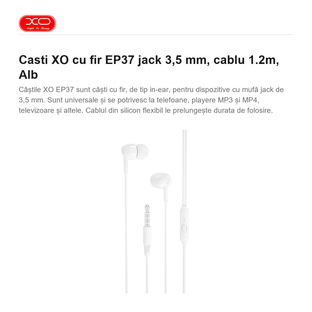 Casti XO cu fir EP37 jack 3,5 mm, cablu 1.2m, Alb [2]