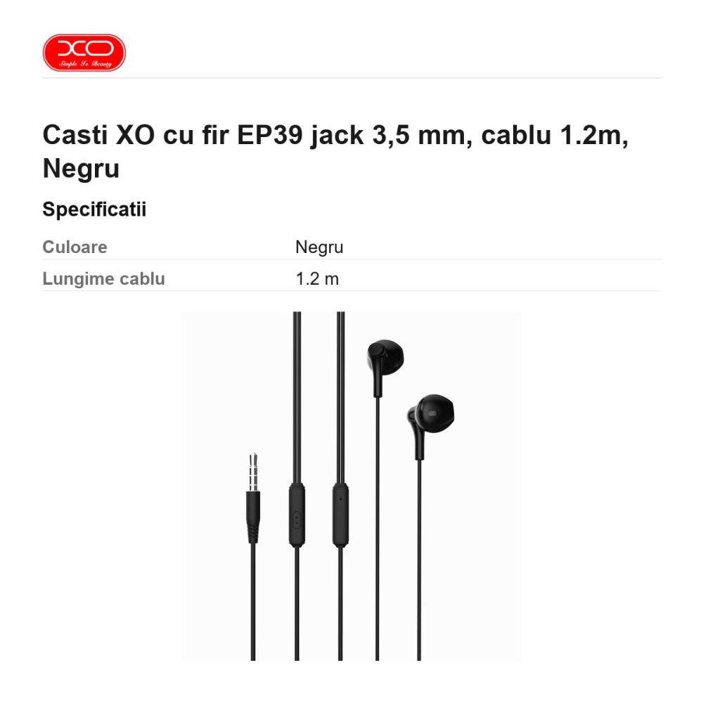 Casti XO cu fir EP39 jack 3,5 mm, cablu 1.2m, Negru [3]