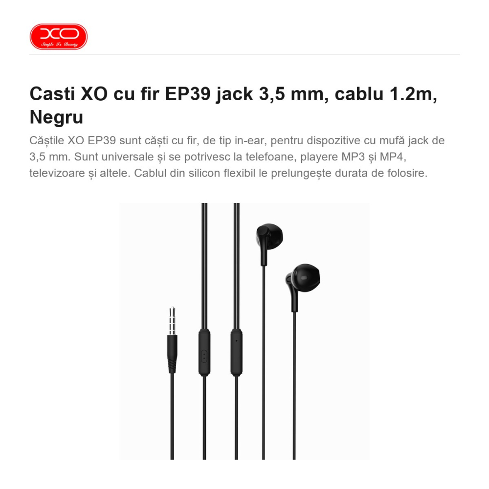 Casti XO cu fir EP39 jack 3,5 mm, cablu 1.2m, Negru [2]