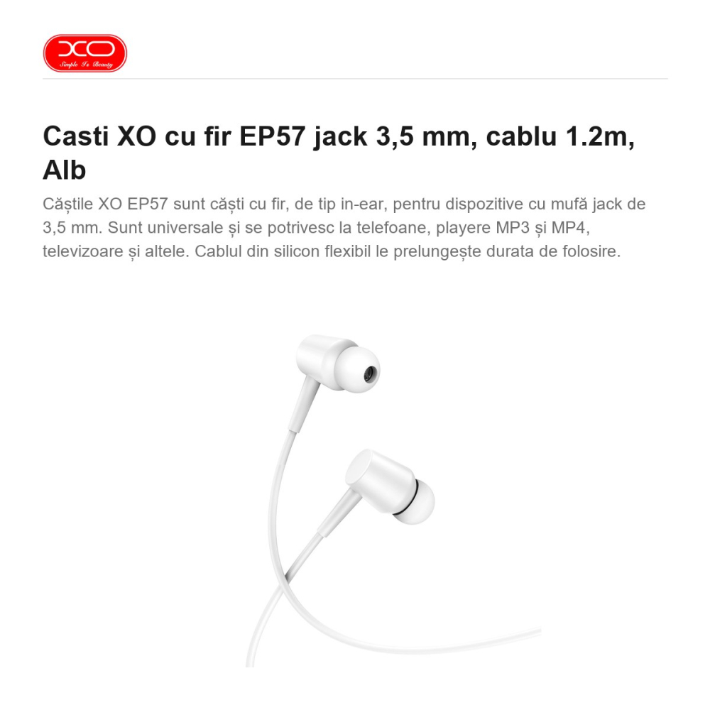 Casti XO cu fir EP57 jack 3,5 mm, cablu 1.2m, Alb [2]
