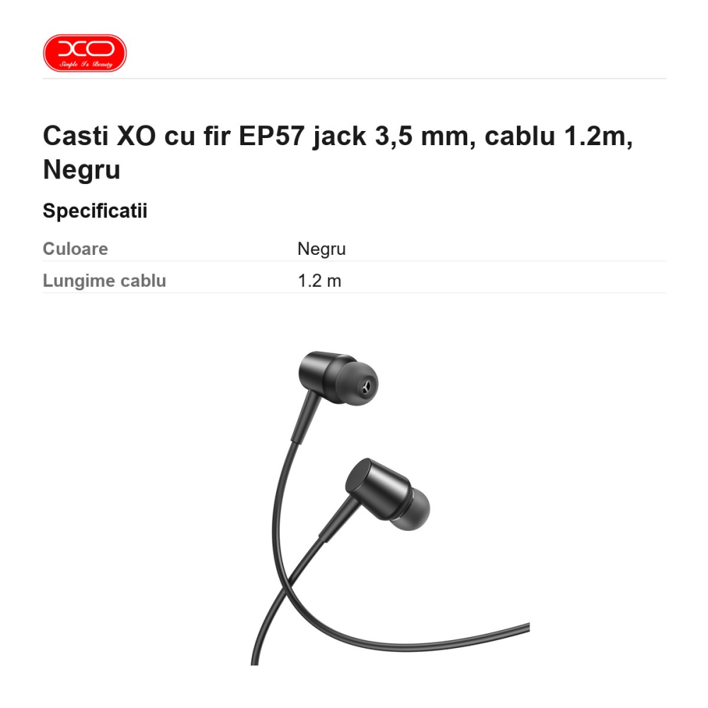 Casti XO cu fir EP57 jack 3,5 mm, cablu 1.2m, Negru [3]