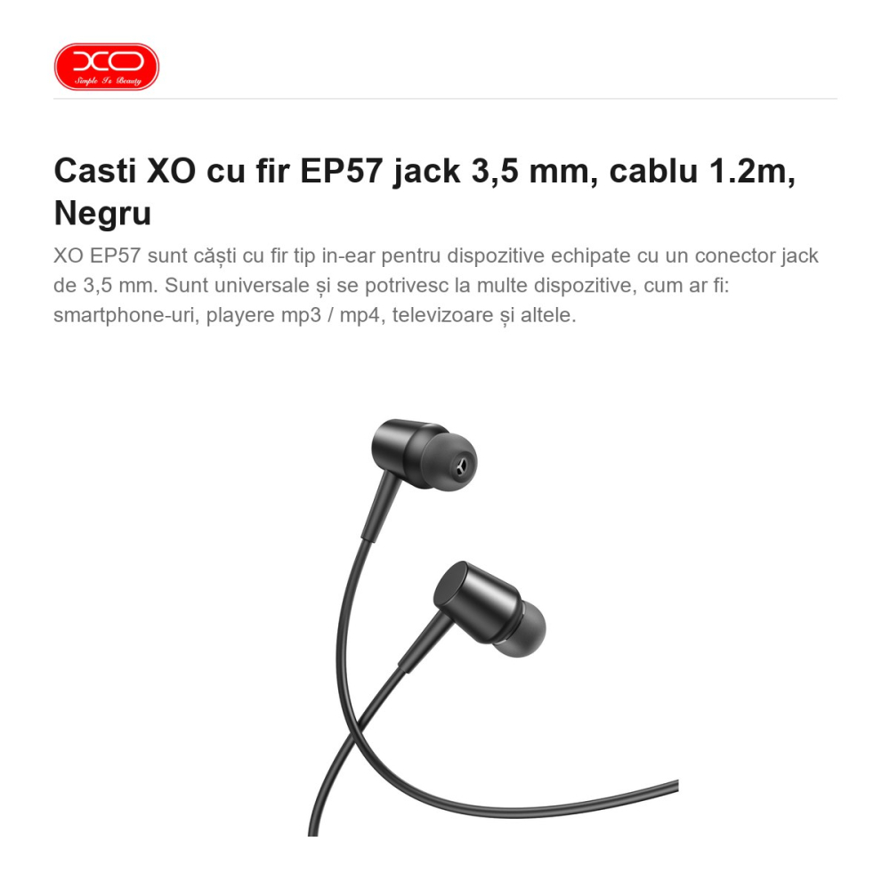 Casti XO cu fir EP57 jack 3,5 mm, cablu 1.2m, Negru [2]