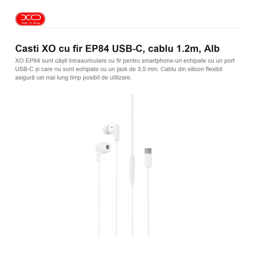 Casti XO cu fir EP84 USB-C, cablu 1.2m, Alb [2]