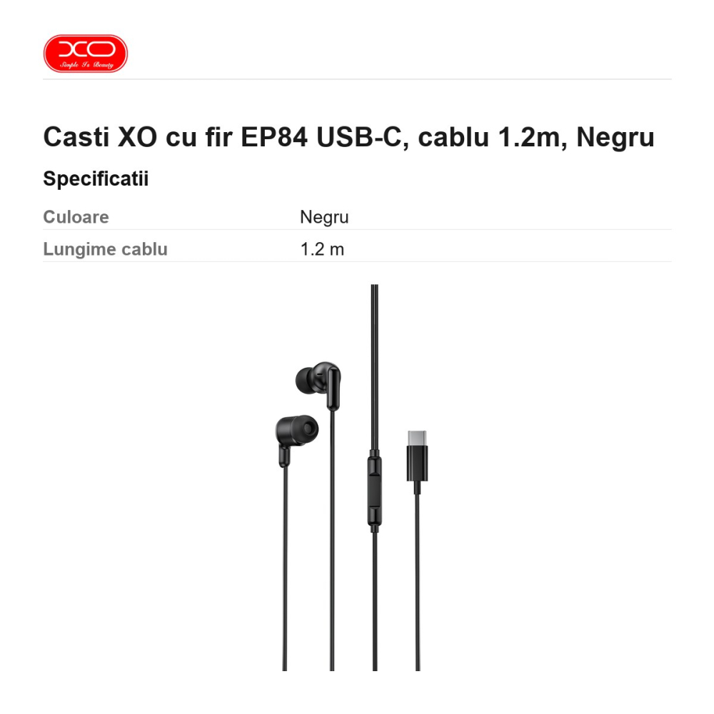 Casti XO cu fir EP84 USB-C, cablu 1.2m, Negru [3]