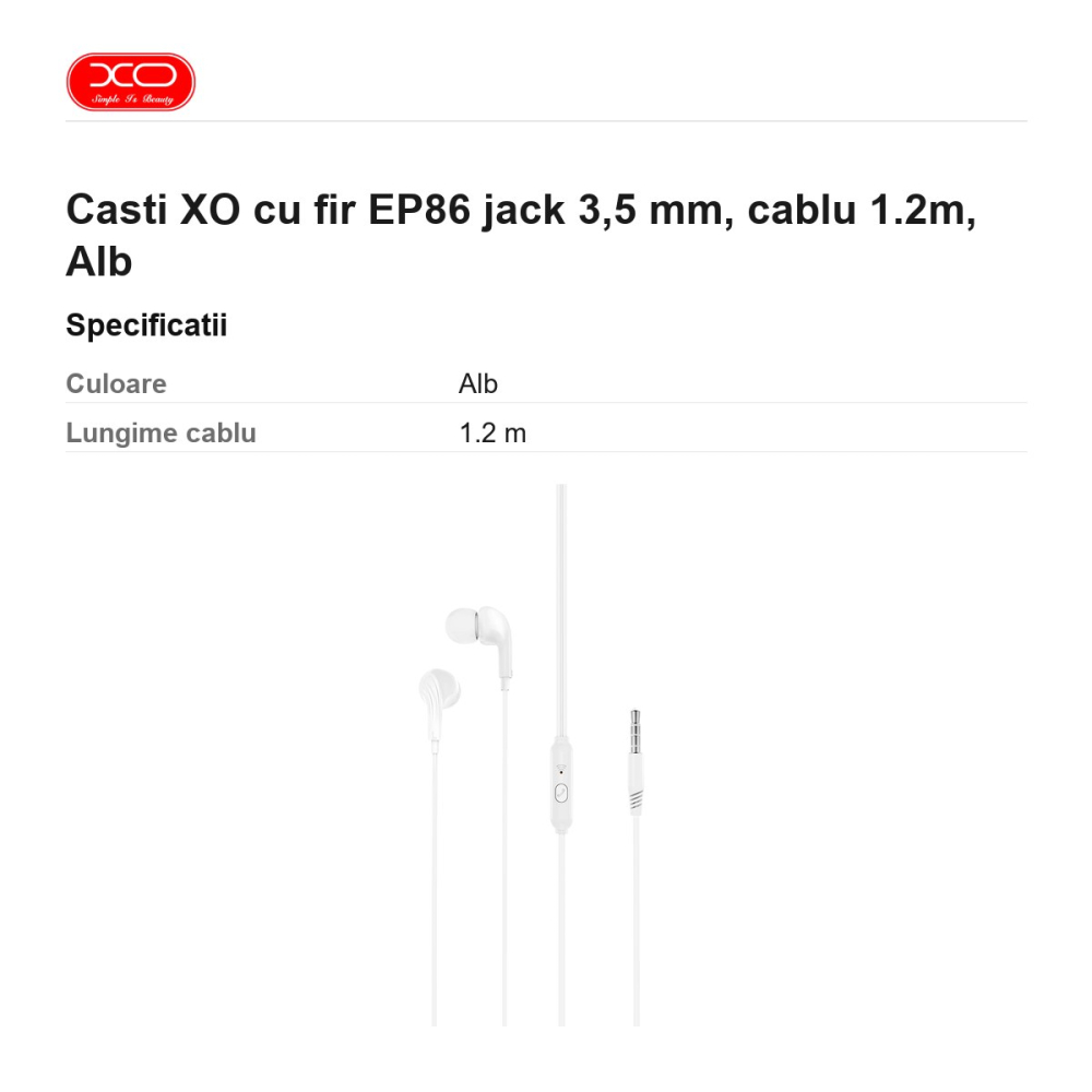 Casti XO cu fir EP86 jack 3,5 mm, cablu 1.2m, Alb [3]