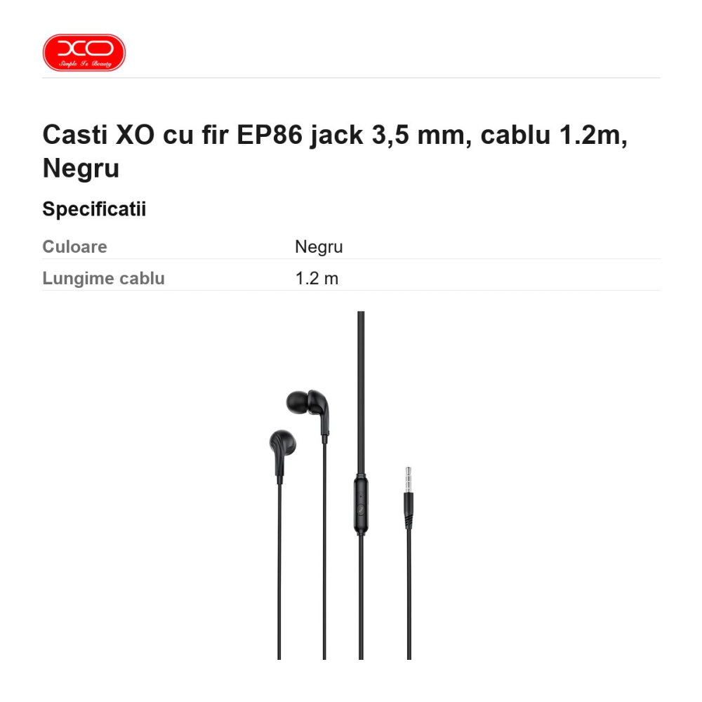 Casti XO cu fir EP86 jack 3,5 mm, cablu 1.2m, Negru [3]