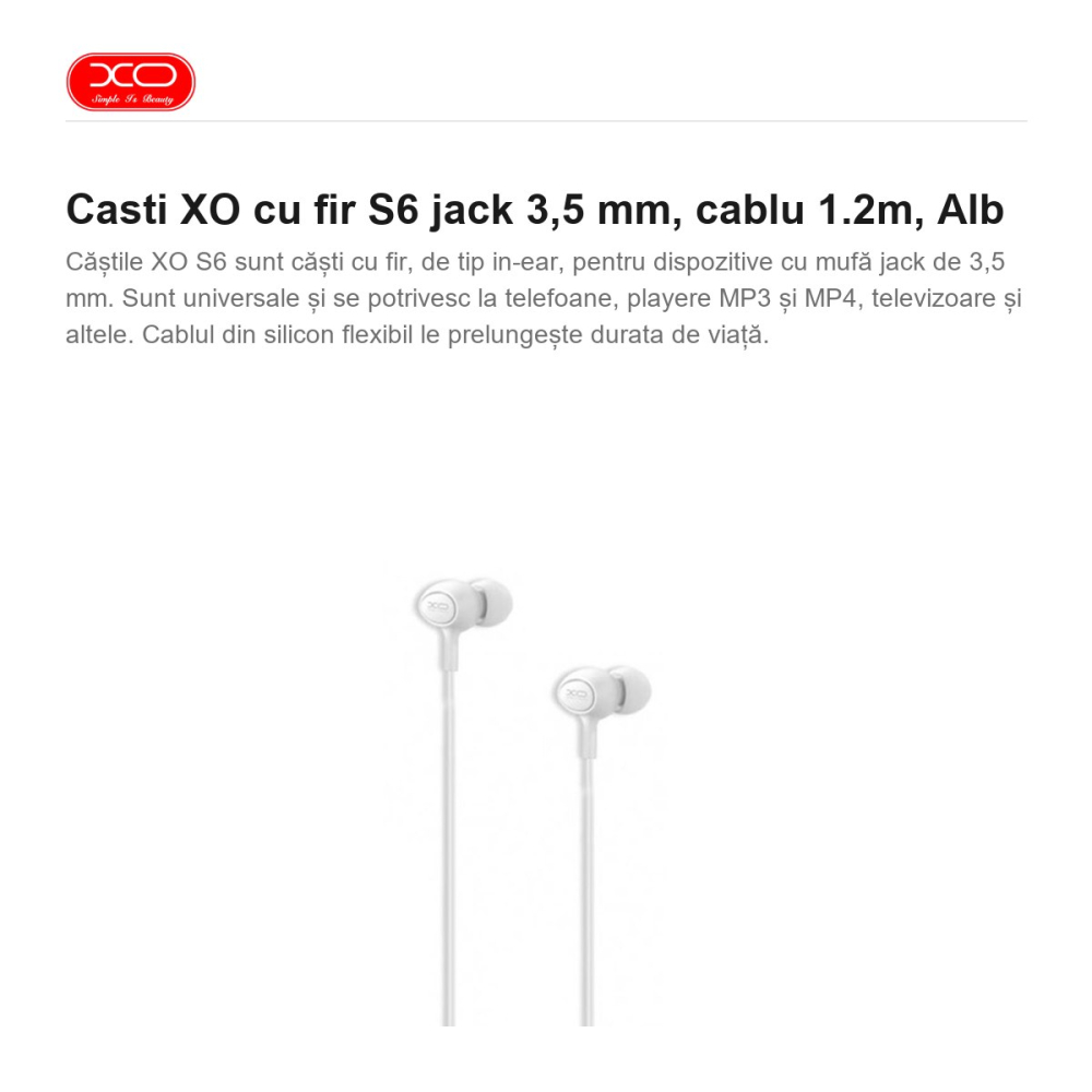 Casti XO cu fir S6 jack 3,5 mm, cablu 1.2m, Alb [2]