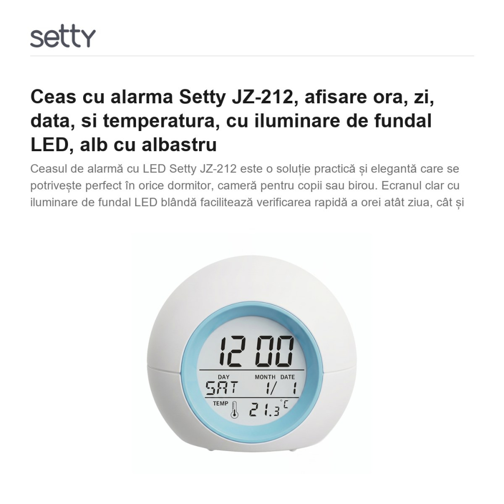 Ceas cu alarma Setty JZ-212, afisare ora, zi, data, si temperatura, cu iluminare de fundal LED, alb cu albastru [2]