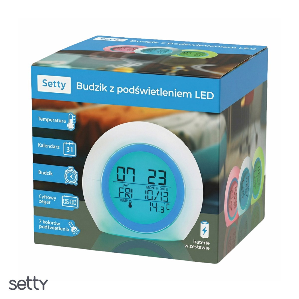 Ceas cu alarma Setty JZ-212, afisare ora, zi, data, si temperatura, cu iluminare de fundal LED, alb cu albastru [4]