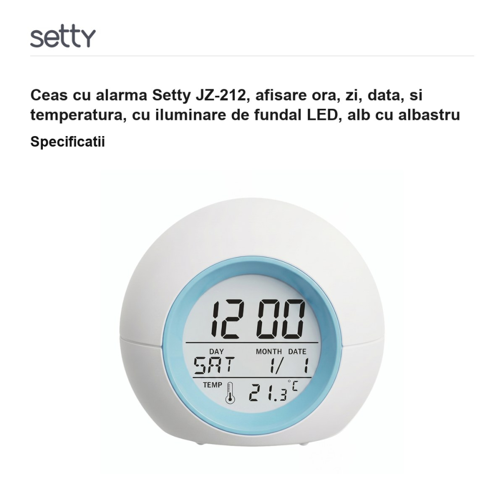 Ceas cu alarma Setty JZ-212, afisare ora, zi, data, si temperatura, cu iluminare de fundal LED, alb cu albastru [3]