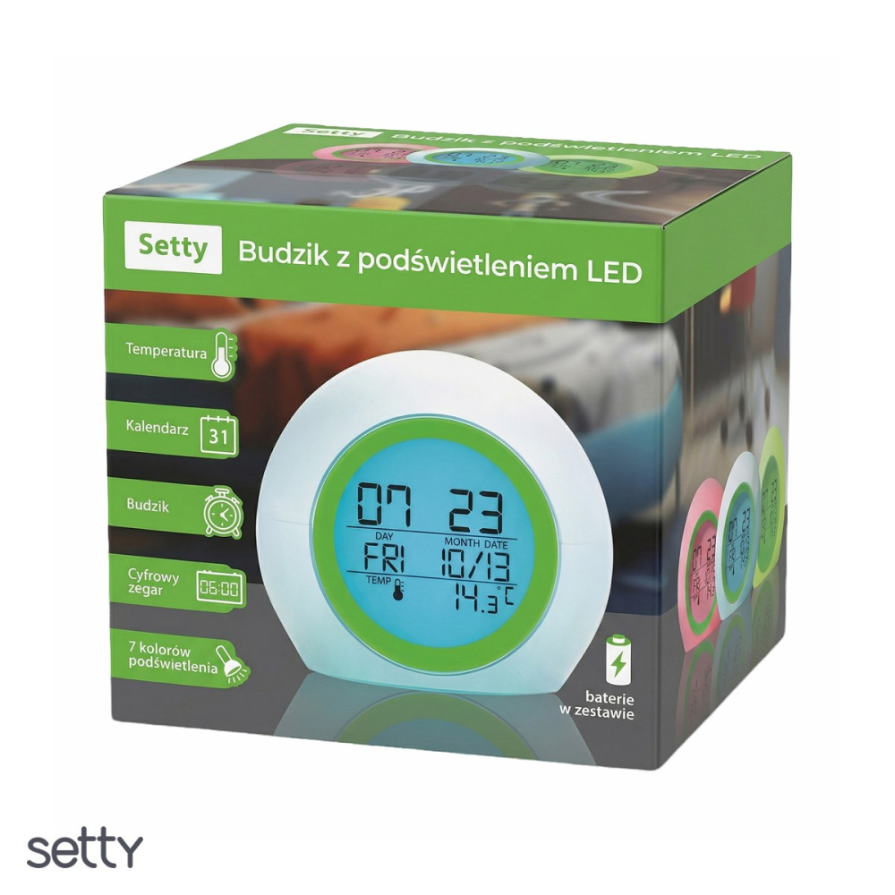Ceas cu alarma Setty JZ-212, afisare ora, zi, data, si temperatura, cu iluminare de fundal LED, alb cu verde [4]