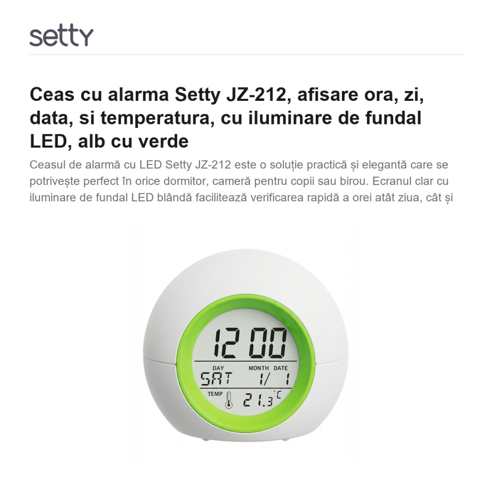 Ceas cu alarma Setty JZ-212, afisare ora, zi, data, si temperatura, cu iluminare de fundal LED, alb cu verde [2]