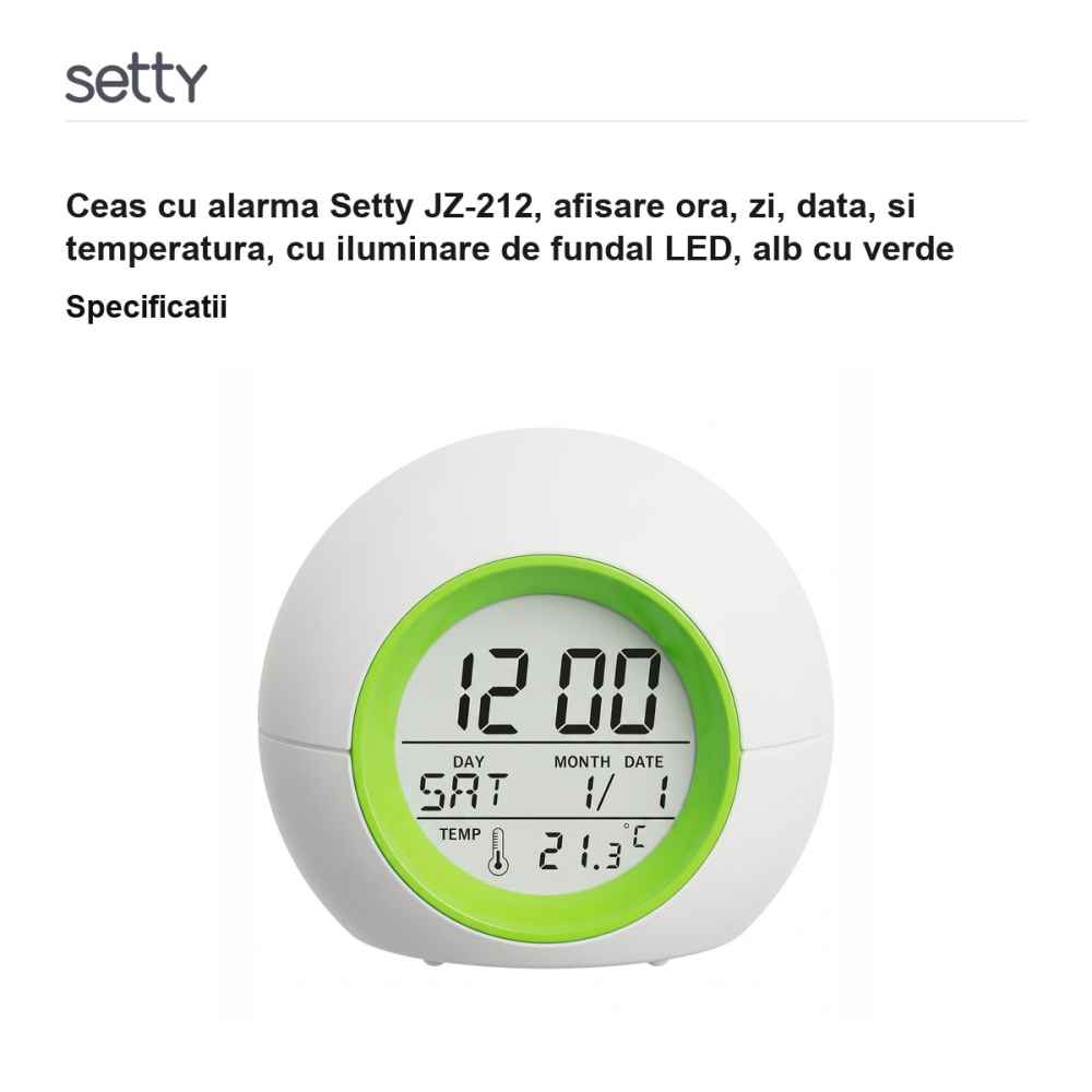 Ceas cu alarma Setty JZ-212, afisare ora, zi, data, si temperatura, cu iluminare de fundal LED, alb cu verde [3]