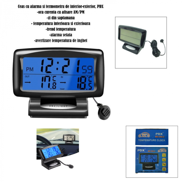 Ceas cu alarma, termometru de interior si exterior, PDX MD-350-2, senzor si cablu cu lungimea de 245 cm, negru [6]