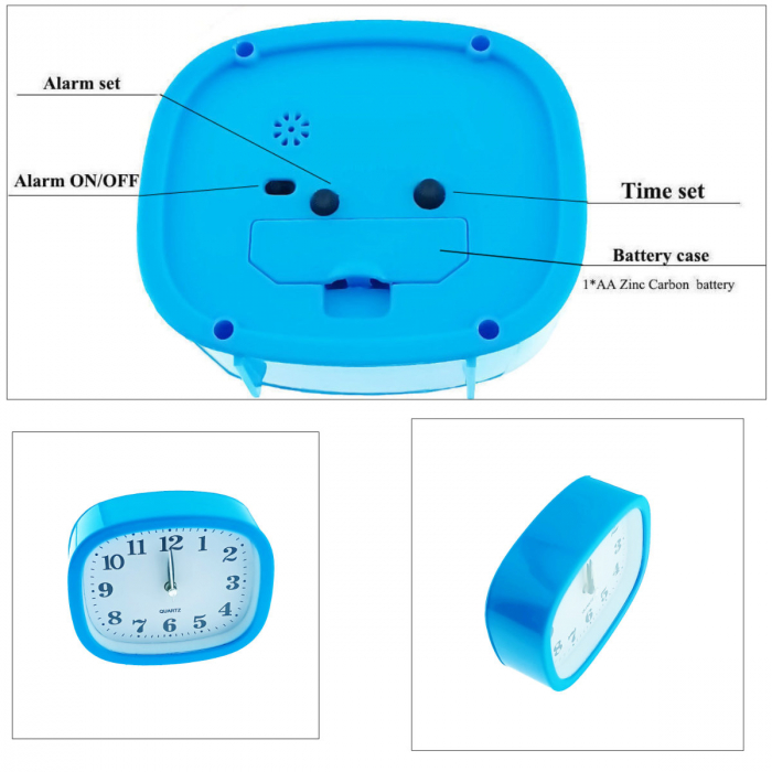 Ceas de masa cu alarma, afisaj analog, alimentare 1 x AA, cadran albastru, 124 x 105 x 40 mm, fond alb [2]
