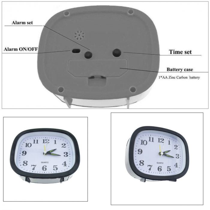 Ceas de masa cu alarma, afisaj analog, alimentare 1 x AA, cadran negru, 124 x 105 x 40 mm, fond alb [3]