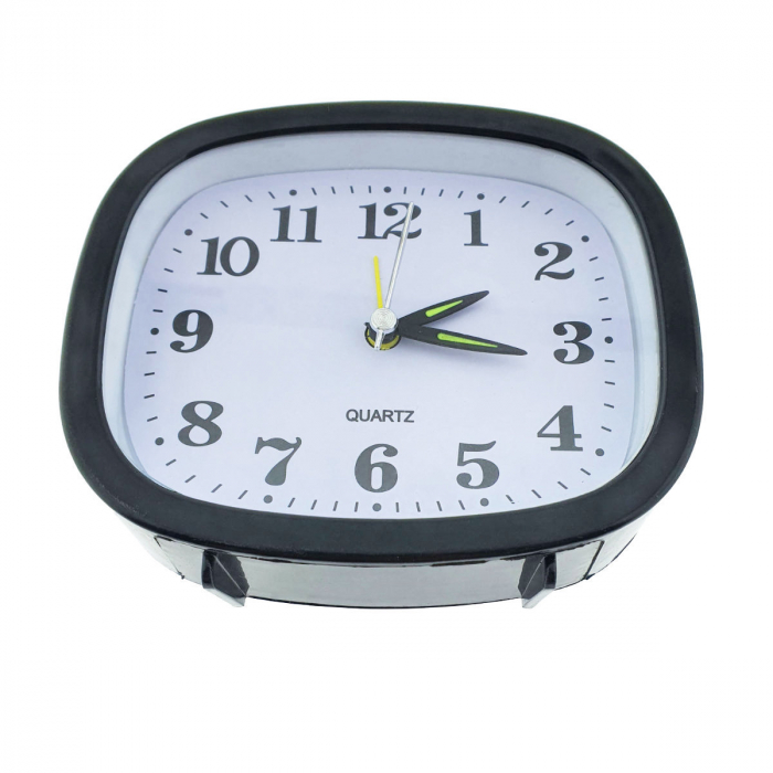 Ceas de masa cu alarma, afisaj analog, alimentare 1 x AA, cadran negru, 124 x 105 x 40 mm, fond alb [1]
