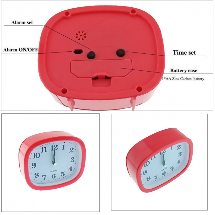 Ceas de masa cu alarma, afisaj analog, alimentare 1 x AA, cadran rosu, 124 x 105 x 40 mm, fond alb [3]