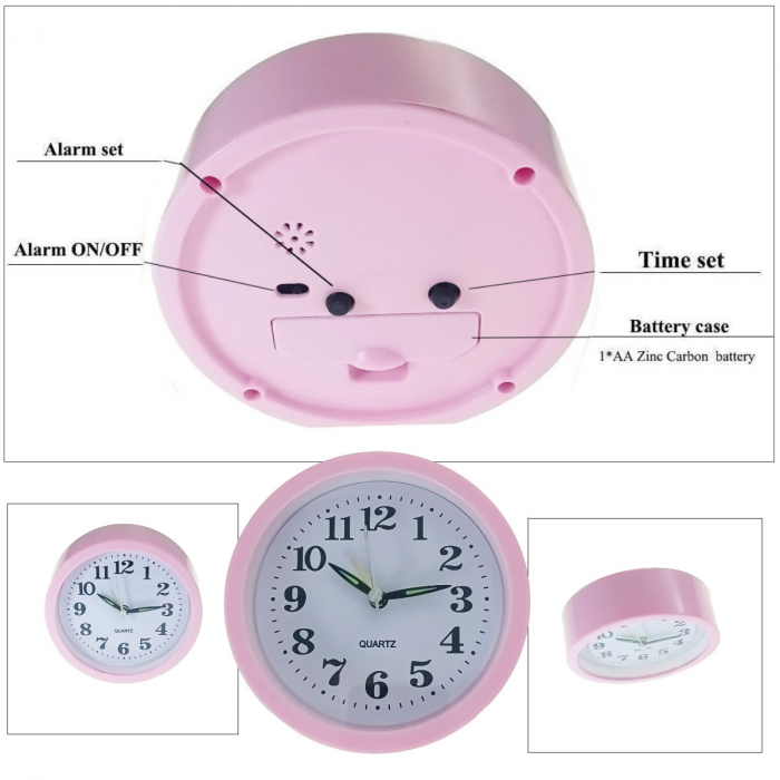 Ceas de masa cu alarma, afisaj analog, alimentare 1 x AA, cadran roz, 120 x 120 x 40 mm, fond alb [3]