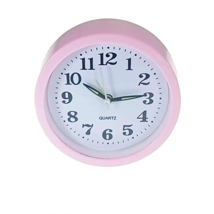 Ceas de masa cu alarma, afisaj analog, alimentare 1 x AA, cadran roz, 120 x 120 x 40 mm, fond alb [4]