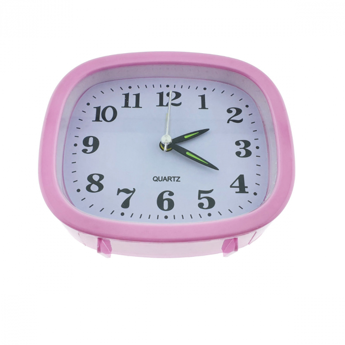 Ceas de masa cu alarma, afisaj analog, alimentare 1 x AA, cadran roz, 124 x 105 x 40 mm, fond alb [3]