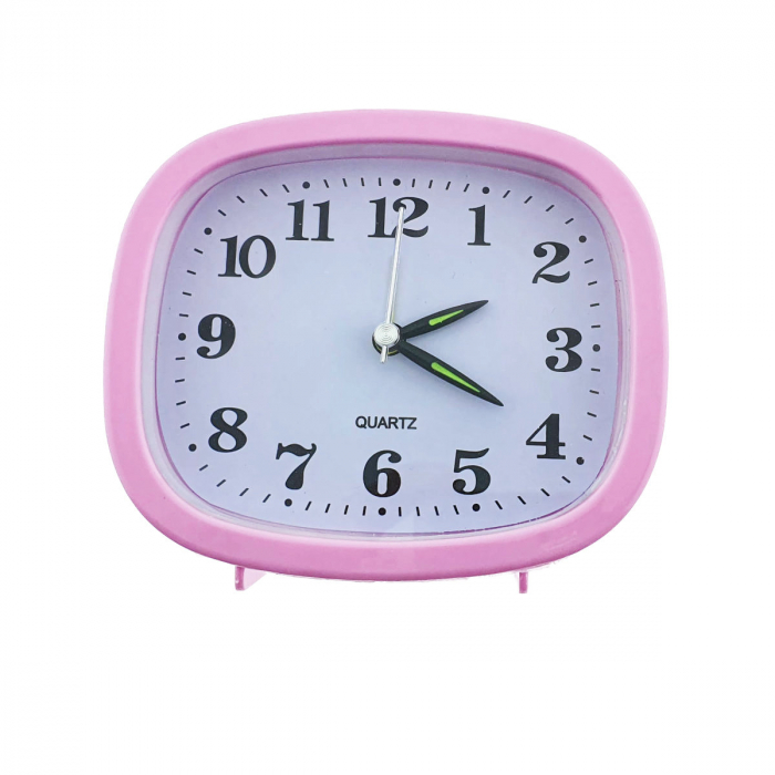 Ceas de masa cu alarma, afisaj analog, alimentare 1 x AA, cadran roz, 124 x 105 x 40 mm, fond alb [1]