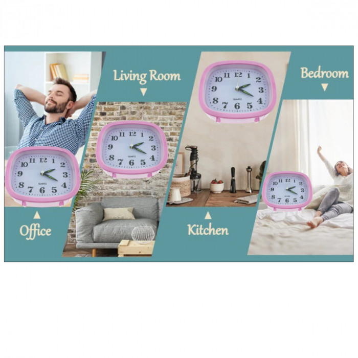Ceas de masa cu alarma, afisaj analog, alimentare 1 x AA, cadran roz, 124 x 105 x 40 mm, fond alb [5]