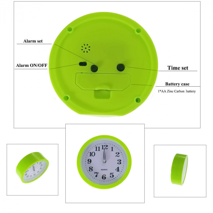 Ceas de masa cu alarma, afisaj analog, alimentare 1 x AA, cadran verde, 120 x 120 x 40 mm, fond alb [4]