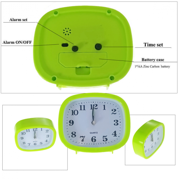 Ceas de masa cu alarma, afisaj analog, alimentare 1 x AA, cadran verde, 124 x 105 x 40 mm, fond alb [3]