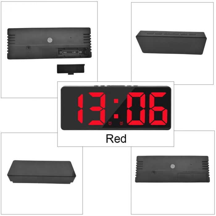 Ceas de masa digital cu afisaj LED rosu, multifunctional, VT-93816-R, dimensiuni 160 x 62 x 31 mm, ABS, negru [2]