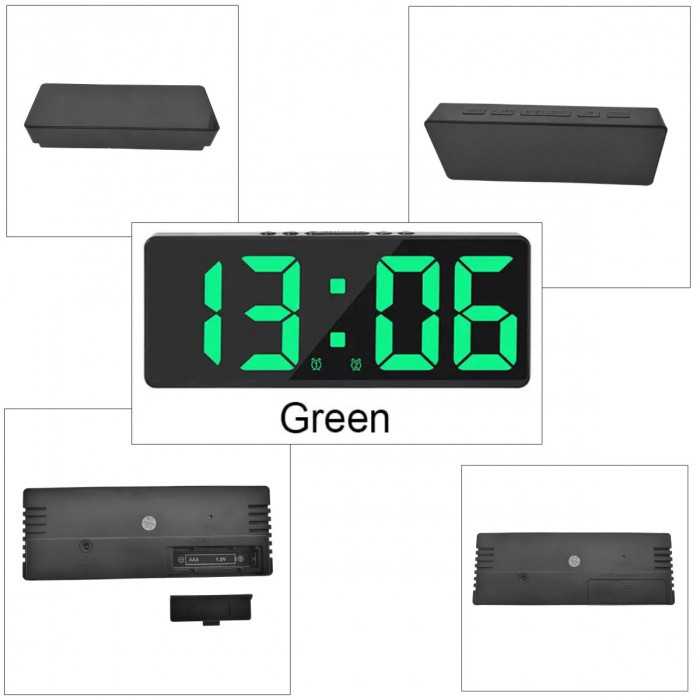 Ceas de masa digital cu afisaj LED verde, multifunctional, VT-93816-GR, dimensiuni 160 x 62 x 31 mm, ABS, negru [2]