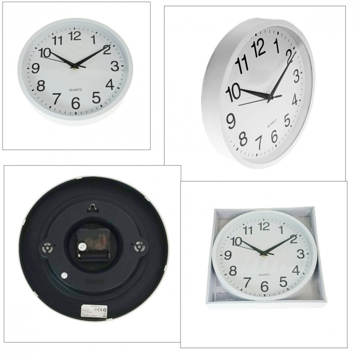 Ceas de perete silentios, cu design simplu, diametru 25 cm, afisaj analogic, cadran alb, fond alb [5]