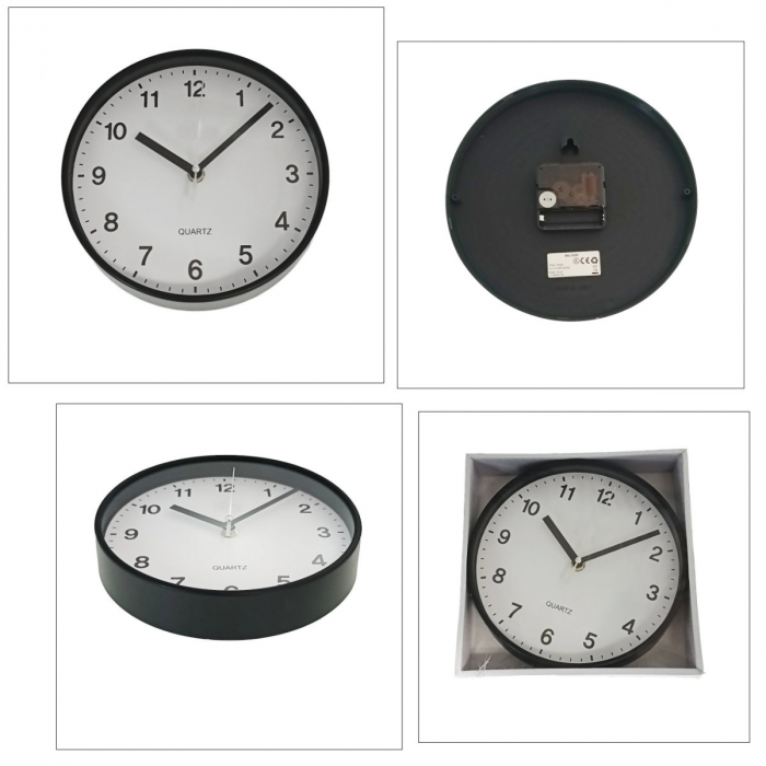 Ceas de perete silentios, cu design simplu, diametru 25 cm, afisaj analogic, cadran negru, fond alb [4]