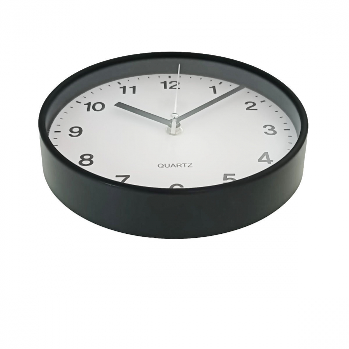 Ceas de perete silentios, cu design simplu, diametru 25 cm, afisaj analogic, cadran negru, fond alb [2]