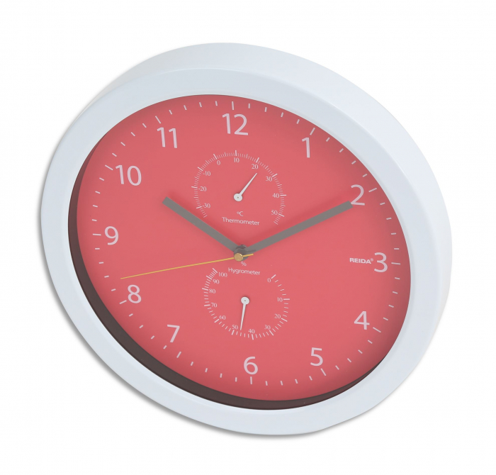 Ceas de perete Platinet PZSRC cu Termometru si Higrometru, Metal Wall Clock, Rosu, 25.5cm [2]