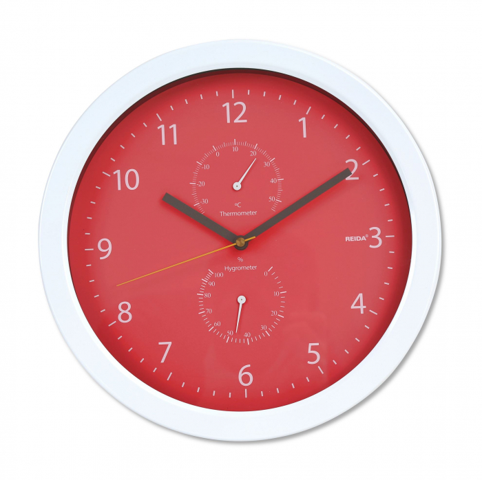 Ceas de perete Platinet PZSRC cu Termometru si Higrometru, Metal Wall Clock, Rosu, 25.5cm [4]