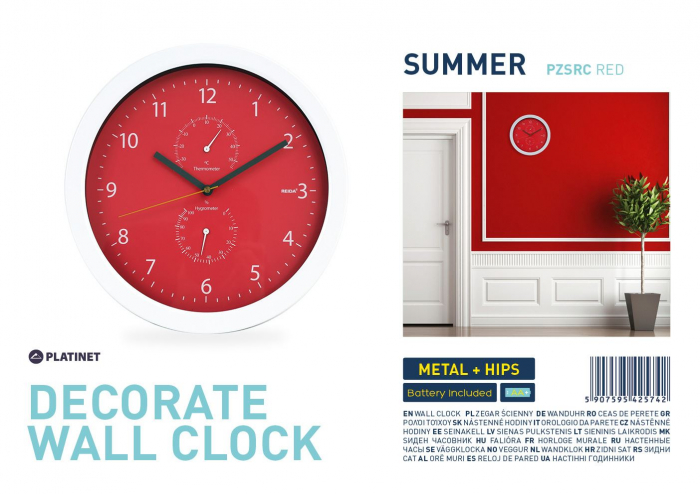 Ceas de perete Platinet PZSRC cu Termometru si Higrometru, Metal Wall Clock, Rosu, 25.5cm [5]