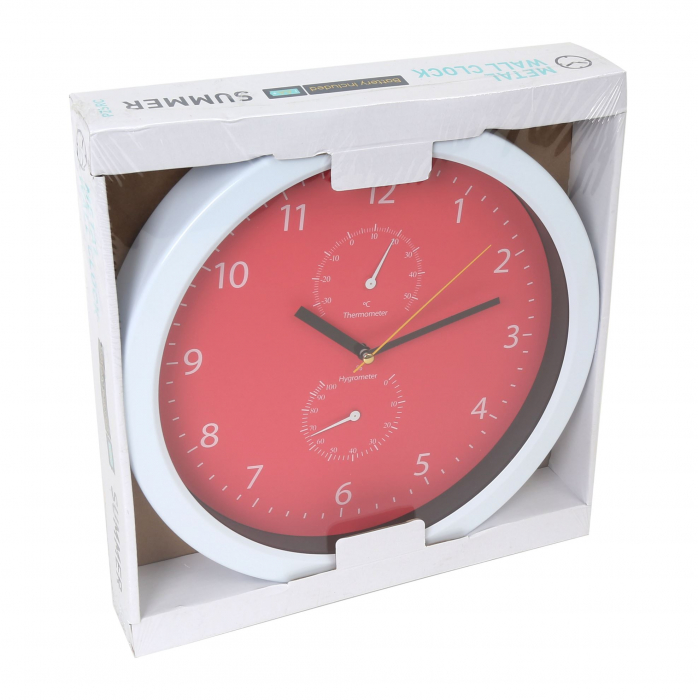 Ceas de perete Platinet PZSRC cu Termometru si Higrometru, Metal Wall Clock, Rosu, 25.5cm [3]
