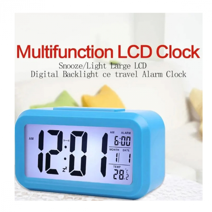 Ceas digital LED, cu alarma, termometru si calendar, amanare alarma, senzor iluminare, baterie 3 x AAA, 137 x 80 x 48 mm, albastru [4]