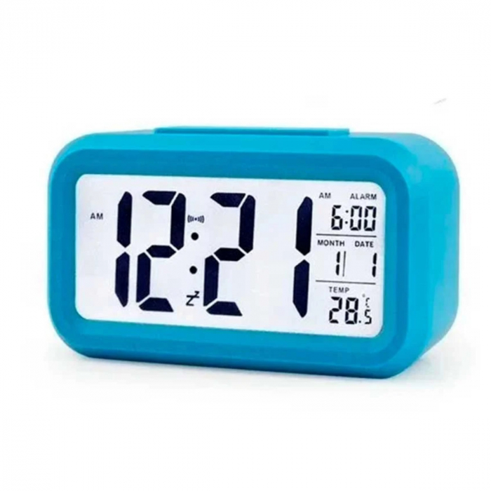 Ceas digital LED, cu alarma, termometru si calendar, amanare alarma, senzor iluminare, baterie 3 x AAA, 137 x 80 x 48 mm, albastru [1]