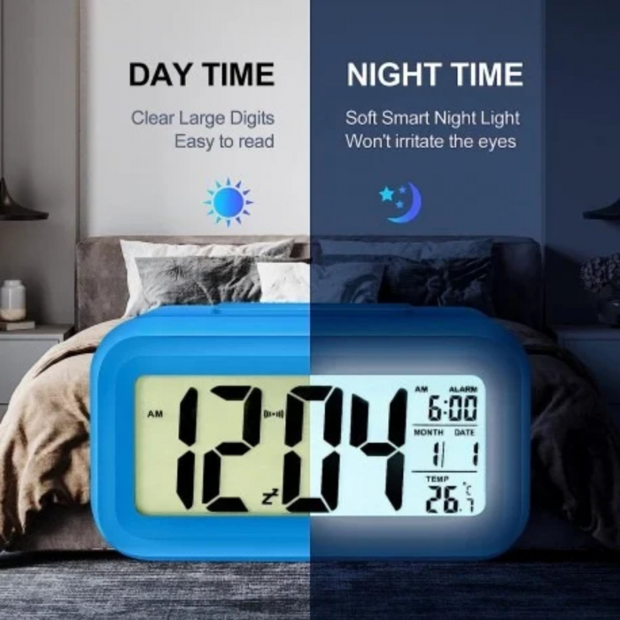 Ceas digital LED, cu alarma, termometru si calendar, amanare alarma, senzor iluminare, baterie 3 x AAA, 137 x 80 x 48 mm, albastru [2]