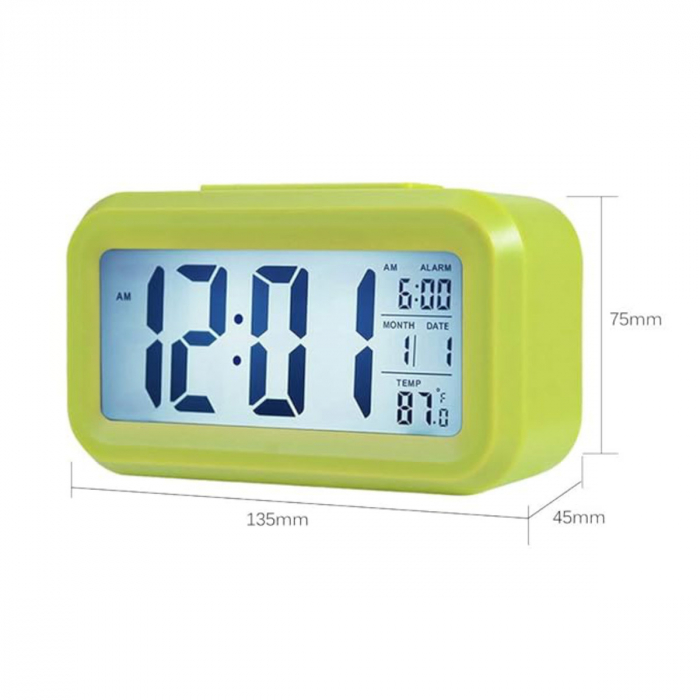 Ceas digital LED, cu alarma, termometru si calendar, amanare alarma, senzor iluminare, baterie 3 x AAA, 137 x 80 x 48 mm, verde [2]