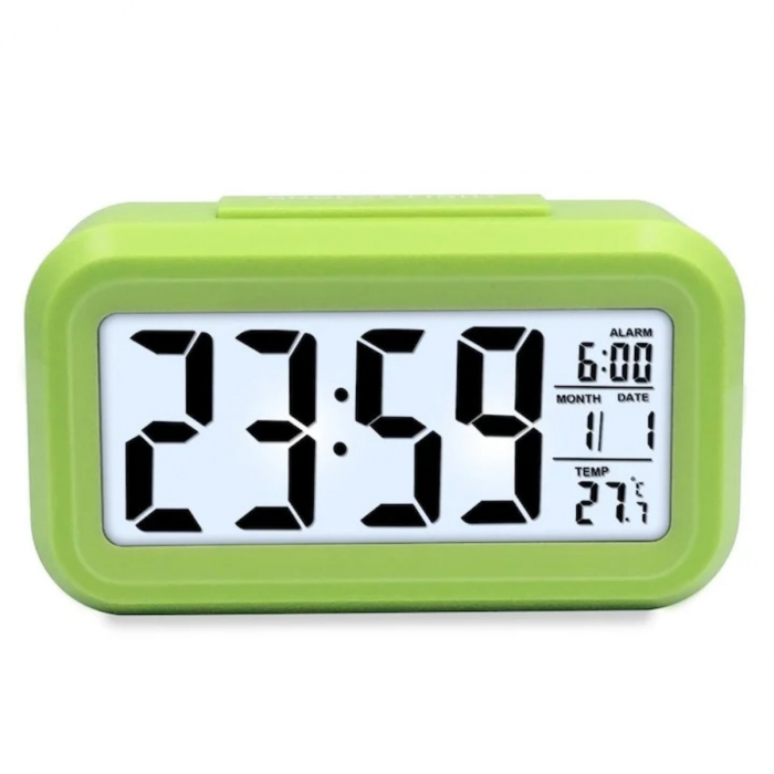 Ceas digital LED, cu alarma, termometru si calendar, amanare alarma, senzor iluminare, baterie 3 x AAA, 137 x 80 x 48 mm, verde [1]