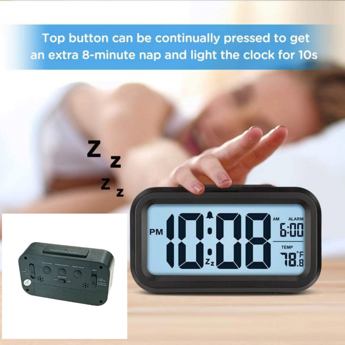 Ceas digital LED, cu alarma, termometru si calendar, amanare alarma, senzor iluminare, baterie 3 x AAA, 137 x 80 x 48 mm, negru [5]