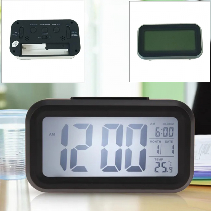 Ceas digital LED, cu alarma, termometru si calendar, amanare alarma, senzor iluminare, baterie 3 x AAA, 137 x 80 x 48 mm, negru [4]