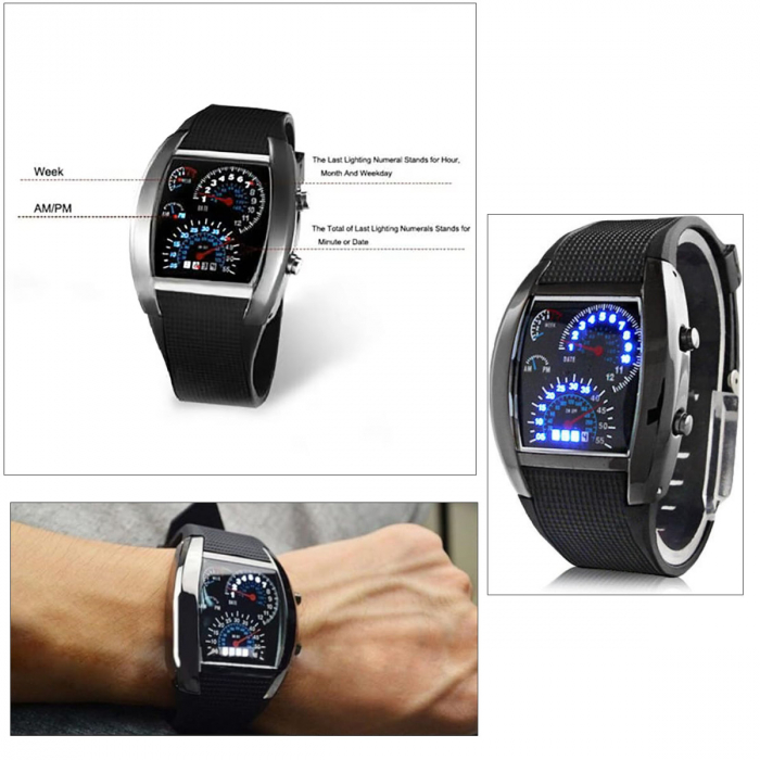 Ceas fashion sport de mana cu LED, afisare zi, data si saptamana, diametru prindere 25 cm, negru [5]