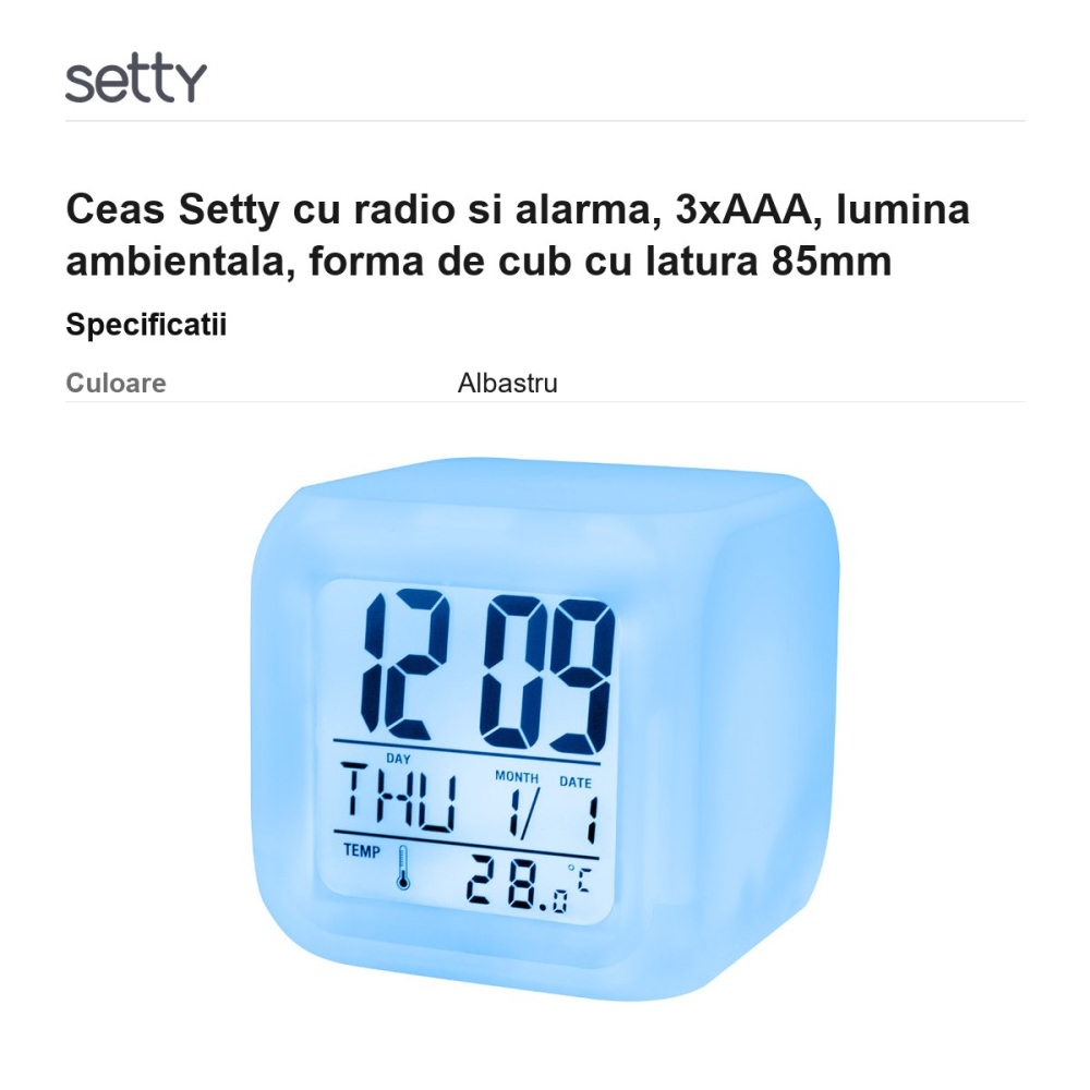 Ceas Setty cu radio si alarma, 3xAAA, lumina ambientala, forma de cub cu latura 85mm [3]
