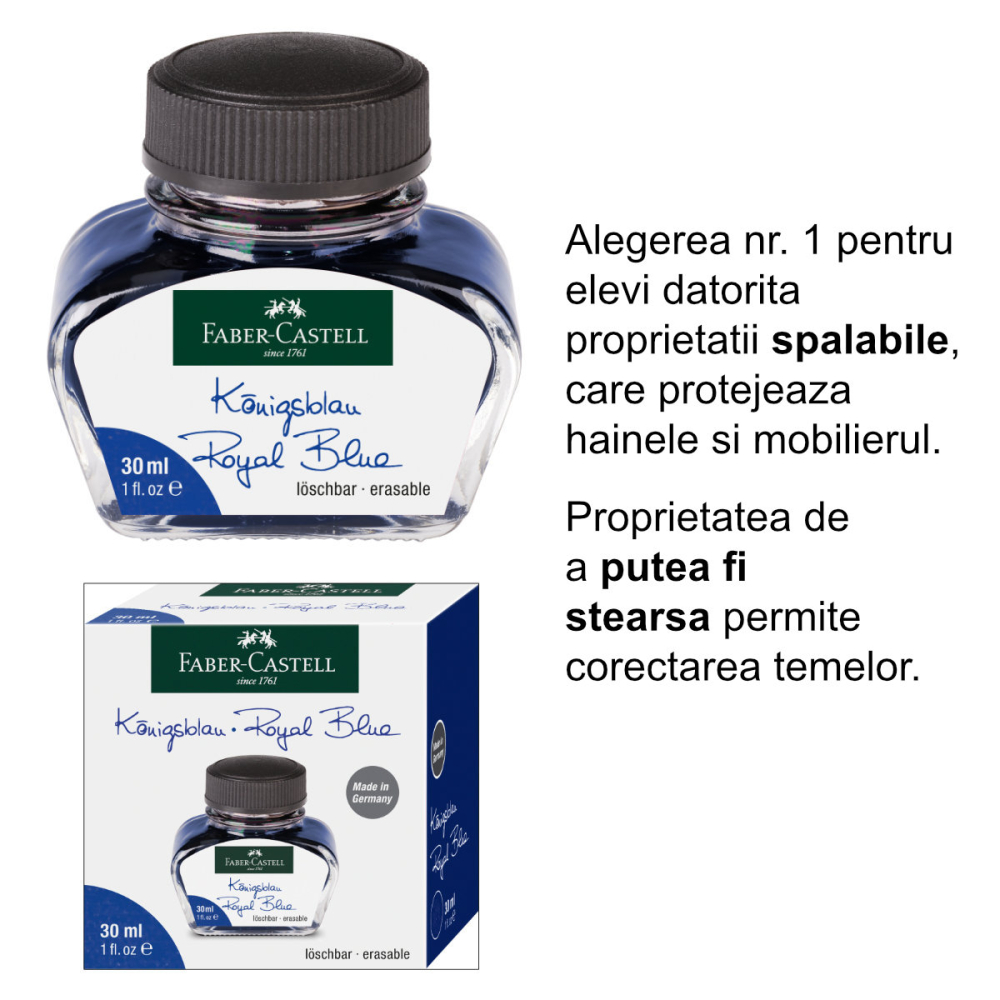 Cerneala Albastra Royal pentru Stilou, Care Poate fi Stearsa si Spalata, 30 ml, Faber-Castell, pentru Scoala si Birou [5]