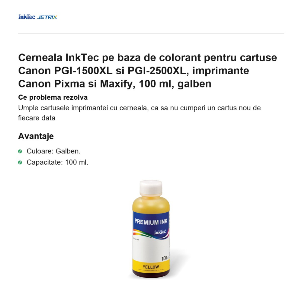 Cerneala InkTec pe baza de colorant pentru cartuse Canon PGI-1500XL si PGI-2500XL, imprimante Canon Pixma si Maxify, 100 ml, galben [2]